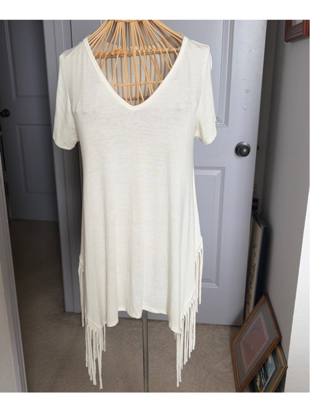 Women's mi a mi Cream Fringe V-Neck Tunic Top M #0060